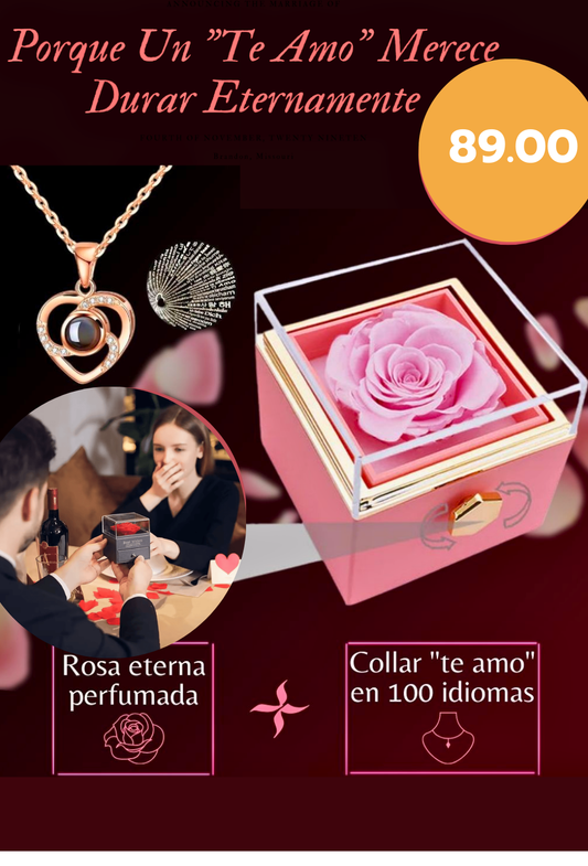 COFRE ROSA ETERNA + COLLAR CORAZÓN "TE AMO" EN 100 IDIOMAS
